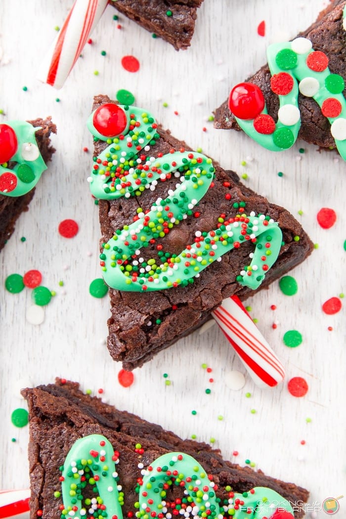 Christmas tree brownies cut and decorated.