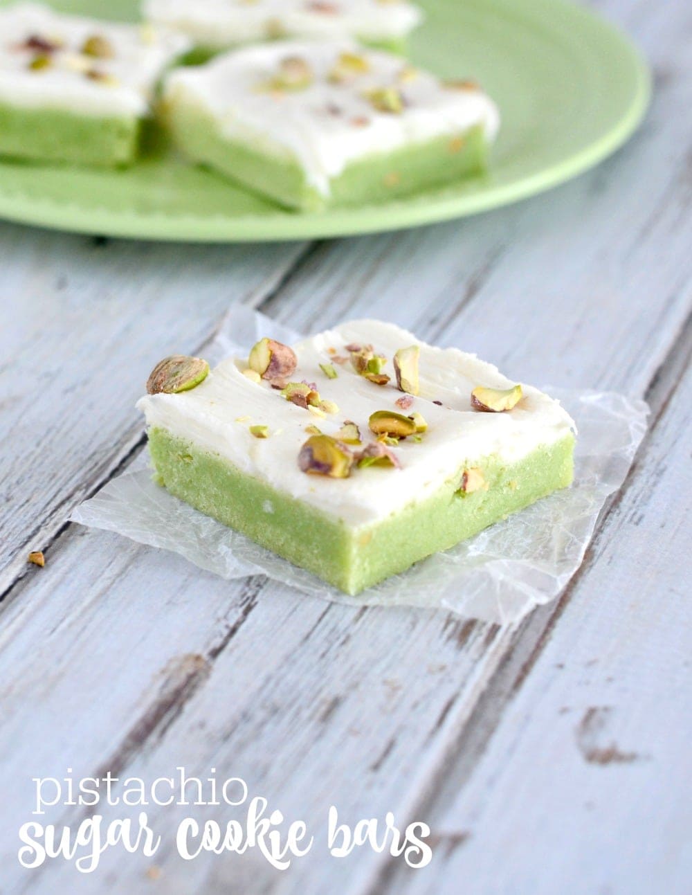 Soft and chewy Pistachio Sugar Cookie Bars with cream cheese frosting. An easy treat that everyone will love!