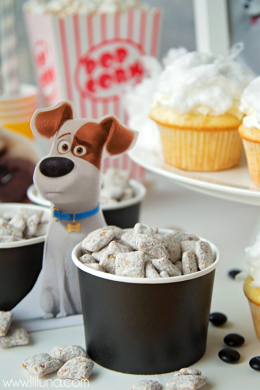 The Secret Life of Pets Movie Night idea with Gidget cupcakes, Puppy Chow and Paw Print Cupcakes.
