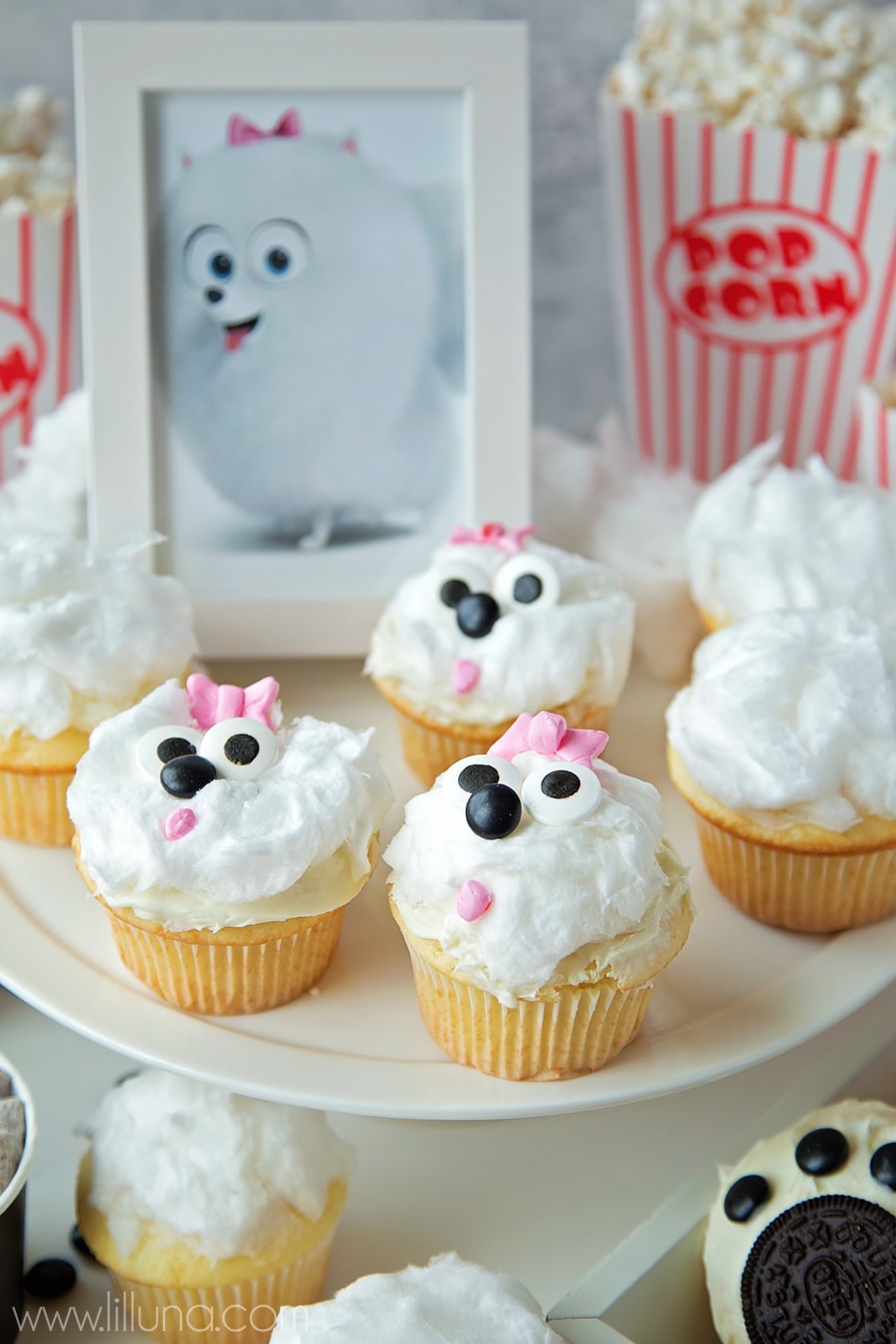 The Secret Life of Pets Movie Night idea with Gidget cupcakes, Puppy Chow and Paw Print Cupcakes.