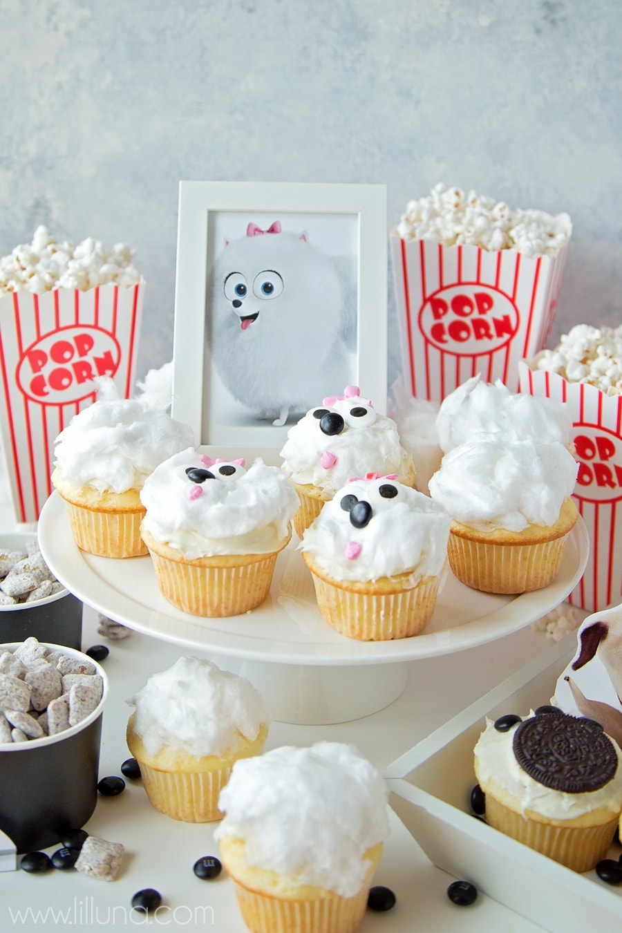 The Secret Life of Pets Movie Night idea with Gidget cupcakes, Puppy Chow and Paw Print Cupcakes.