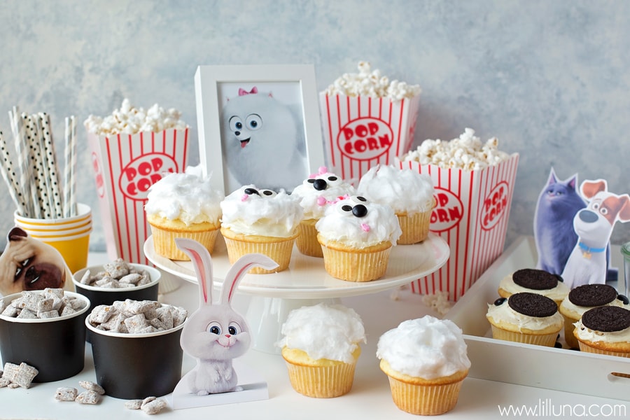 The Secret Life of Pets Movie Night idea with Gidget cupcakes, Puppy Chow and Paw Print Cupcakes.