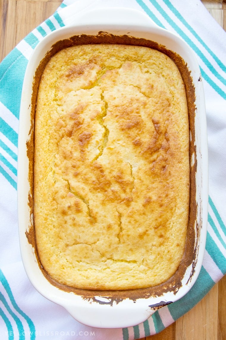 Thanksgiving side dishes - a baking dish full of sour cream cornbread.