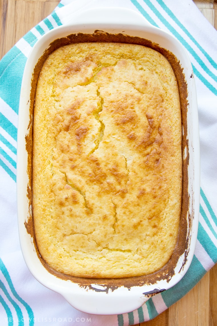 Easy side dishes - a baking dish filled with sour cream cornbread.