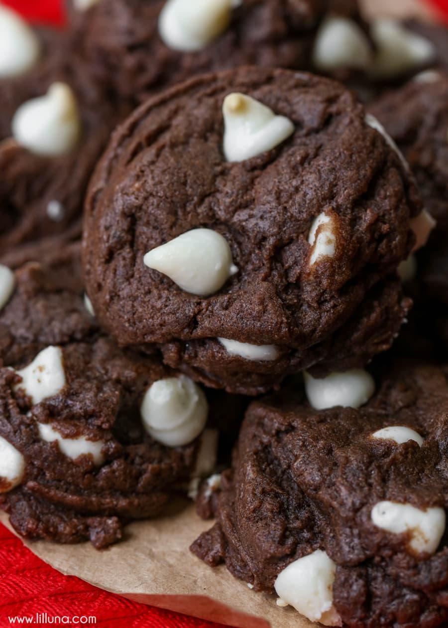 Easy cookie recipes - black and white chippers cookies piled on butcher paper.