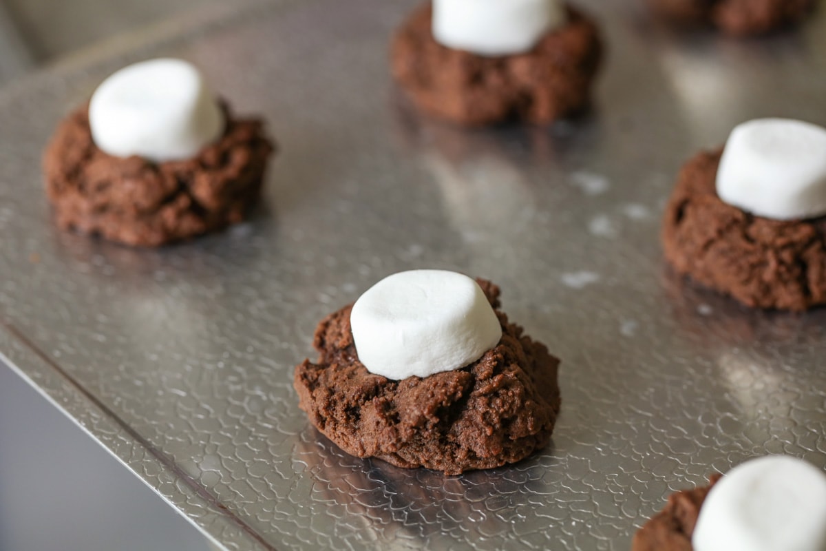 Marshmallows on chocolate cookie batter
