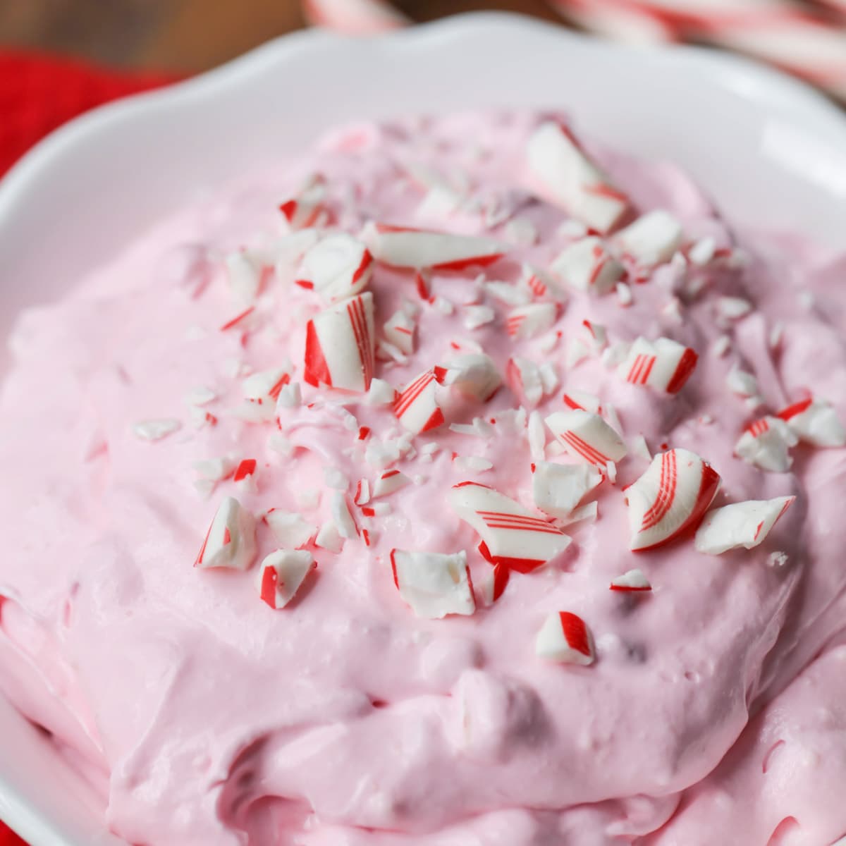 Peppermint fluff dip topped with crushed candy cane.