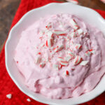 A bowl of peppermint fluff in a white bowl.