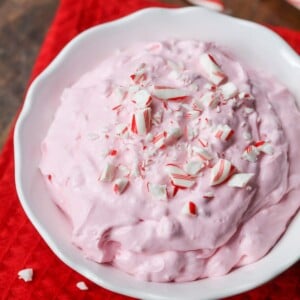 A bowl of peppermint fluff in a white bowl.