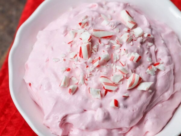 A bowl of peppermint fluff in a white bowl.