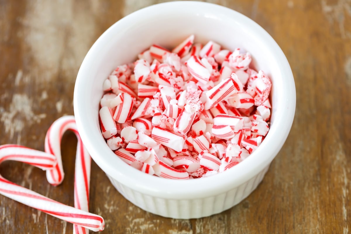crushed candy cane peppermint pieces in bowl