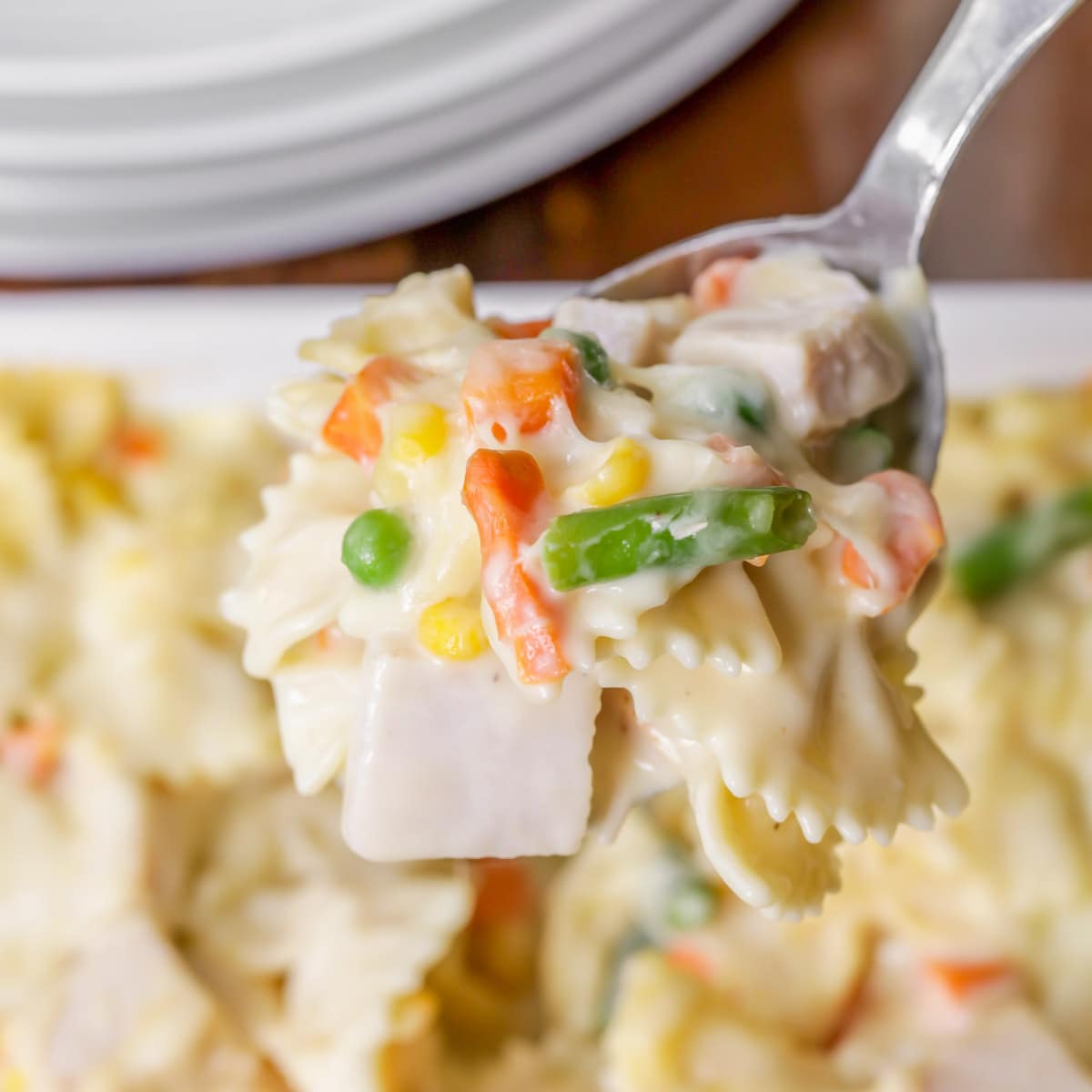 Leftover turkey recipes - a spoon full of creamy turkey and noodles.