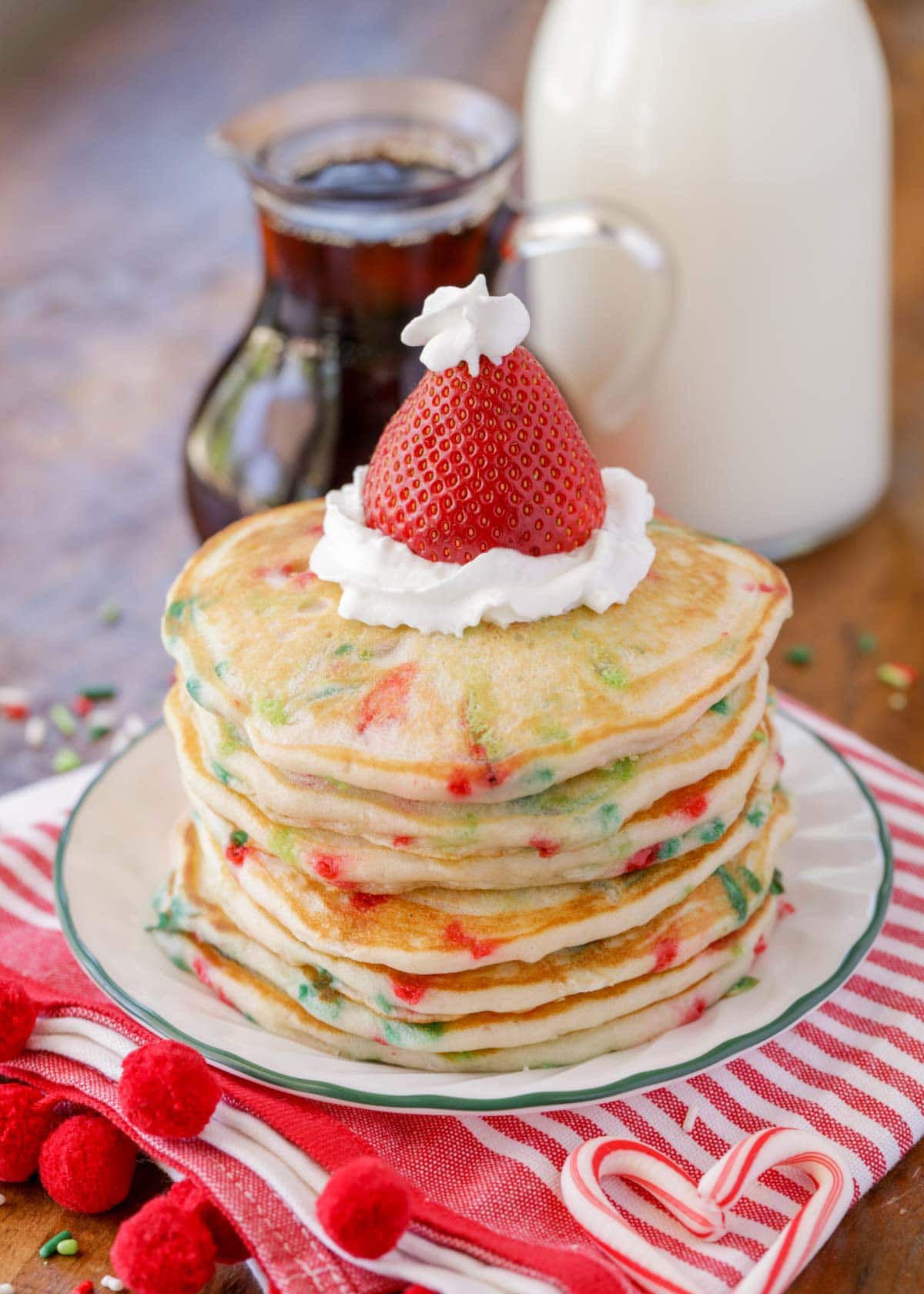 Easy pancake recipe - Christmas Pancakes stacked on plate.