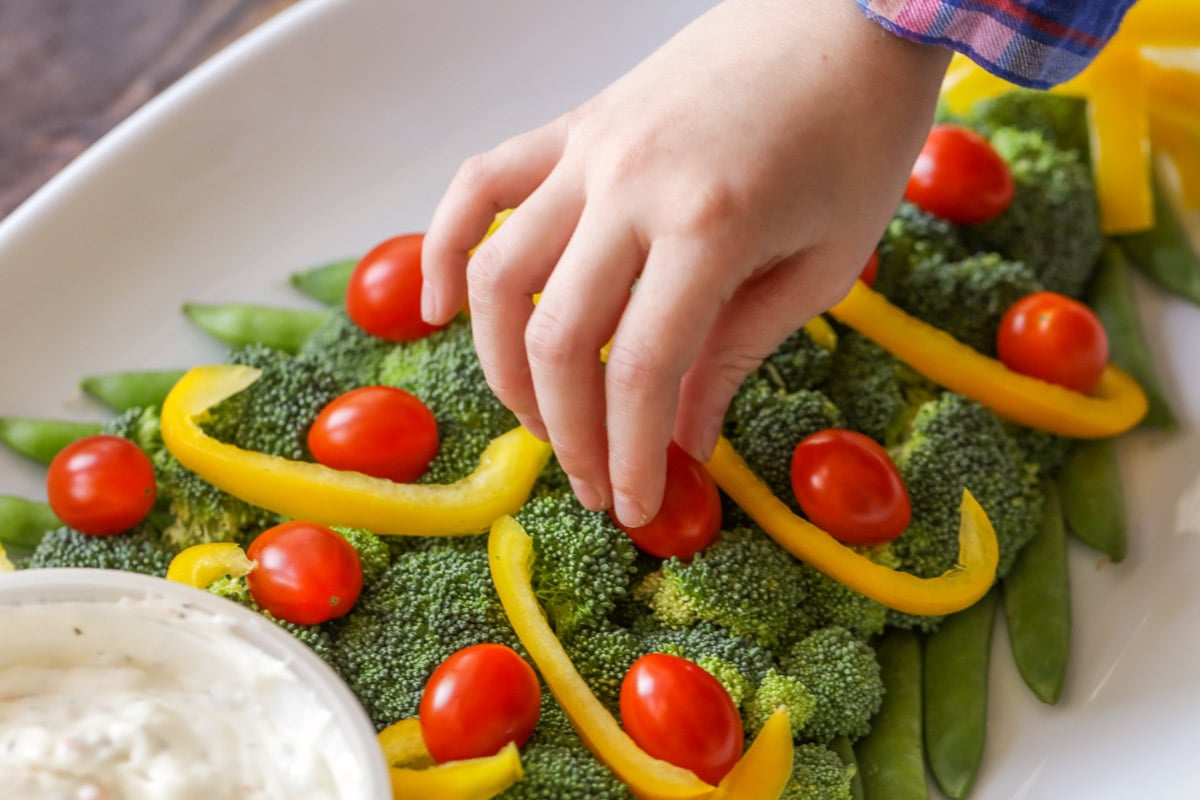 Adding tomatoes to a broccoli Christmas tree.