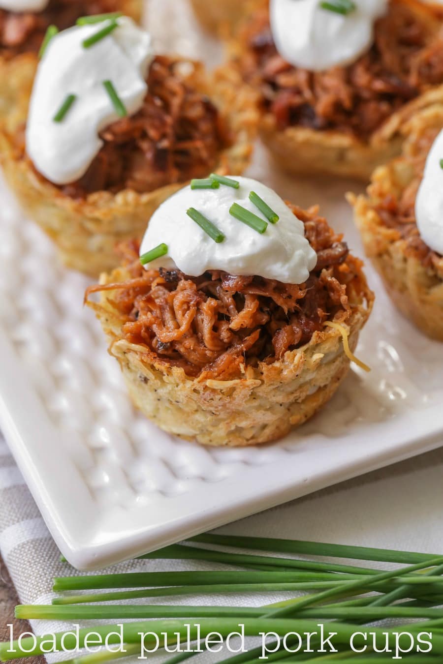 Loaded Pulled Pork Cups served on a white plate