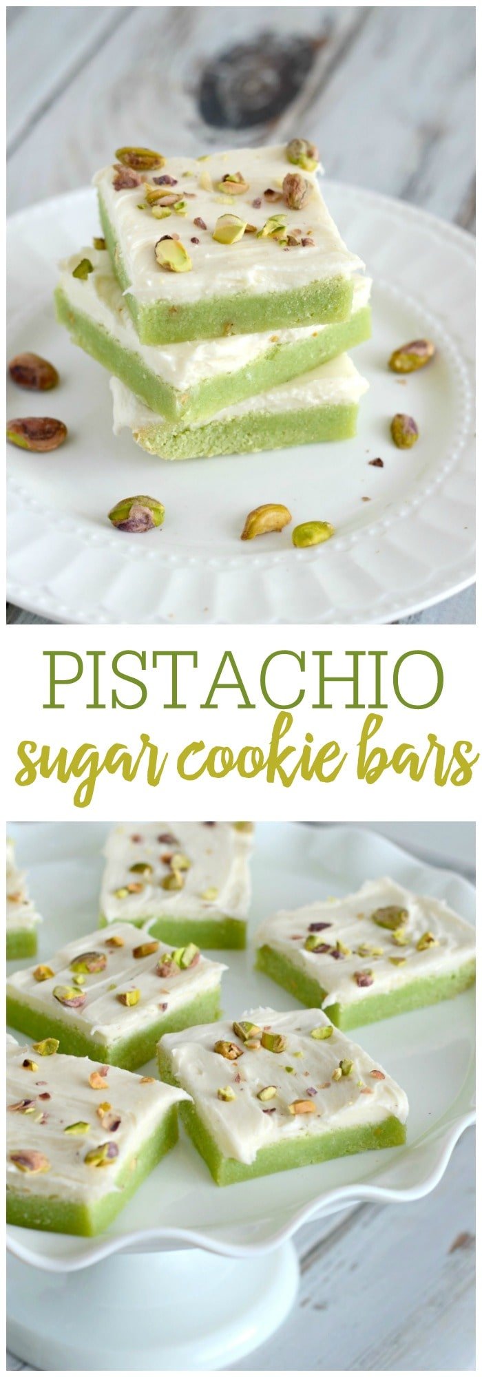 Soft and chewy pistachio sugar cookie bars with cream cheese frosting. These bars are easy to make, and taste simply amazing!