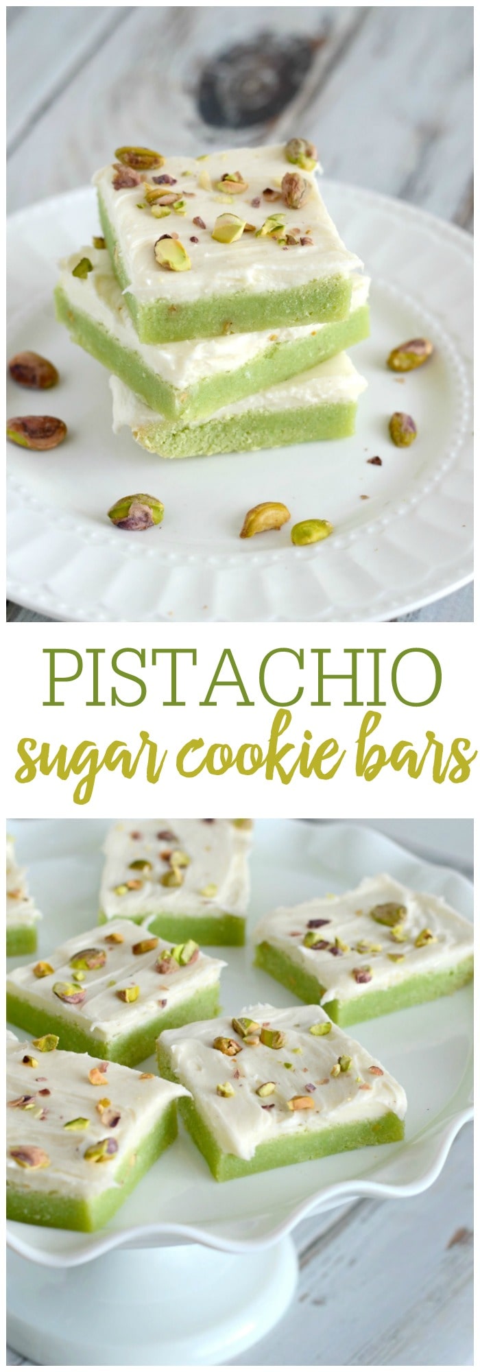 Soft and chewy pistachio sugar cookie bars with cream cheese frosting. These bars are easy to make, and taste simply amazing!