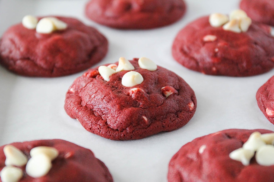 Valentine's Day Desserts - Red Velvet cookies with white chocolate chips.