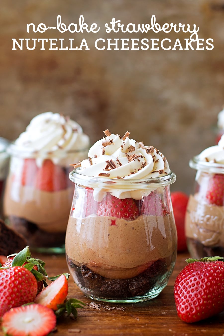 No-Bake Strawberry Nutella Cheesecakes in glass jars