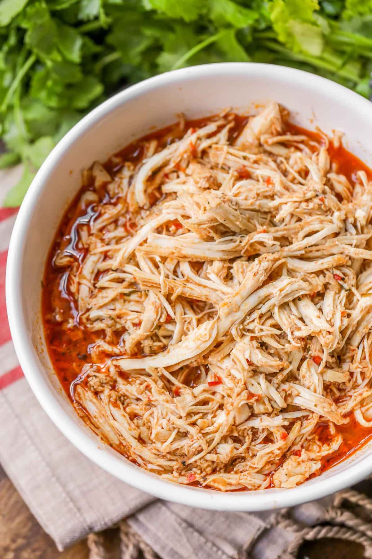 Cafe rio shredded chicken in a white bowl