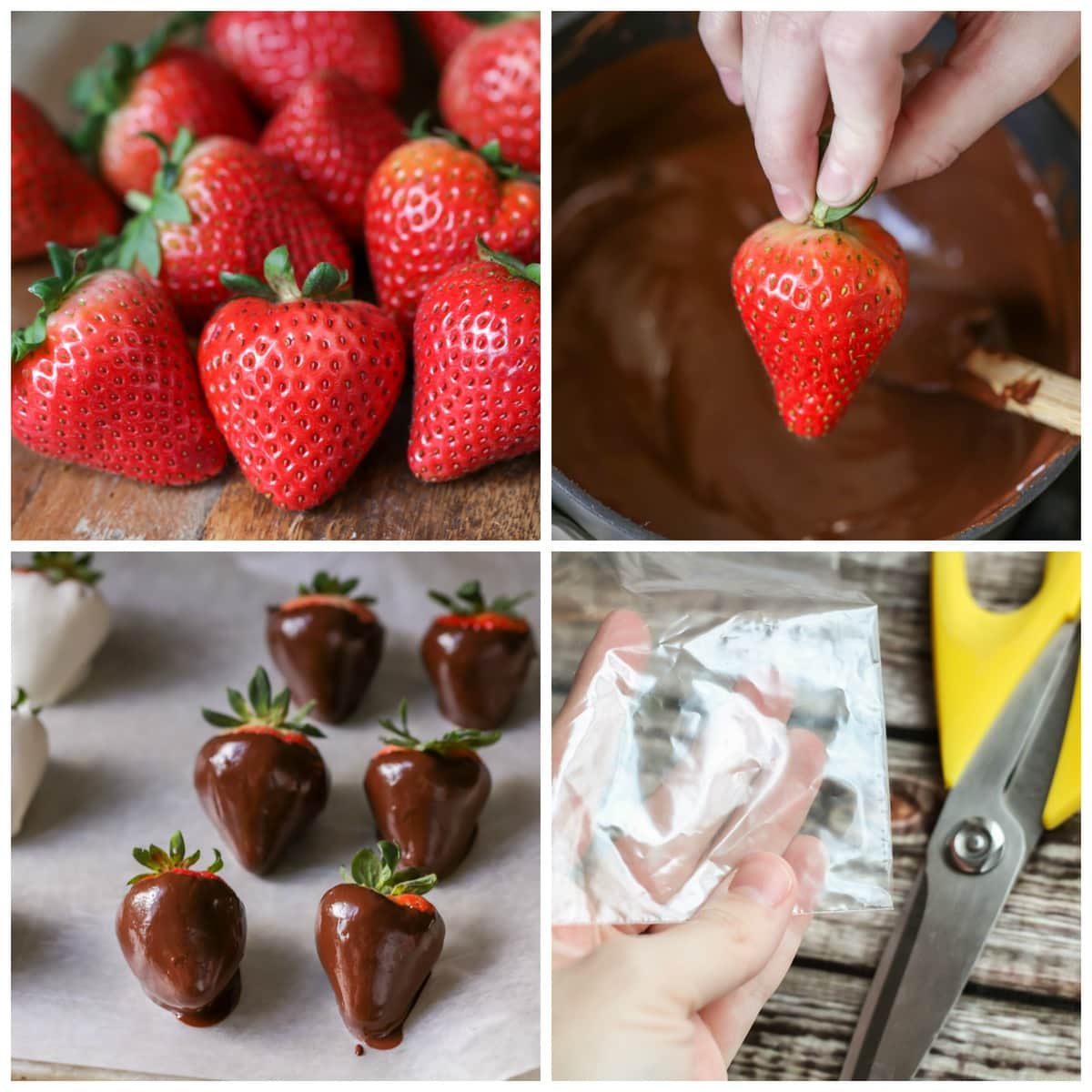 collage showing how to make Chocolate Covered Strawberries including plain strawberries, then dipped in melted chocolate cooling