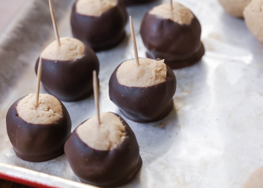 Peanut Butter Buckeyes dipped in chocolate
