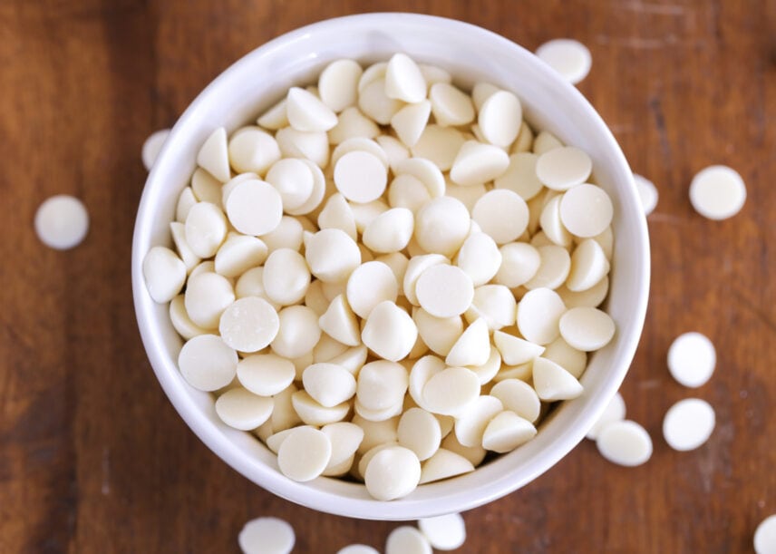 A bowl of white chocolate chips to use in cookie recipe