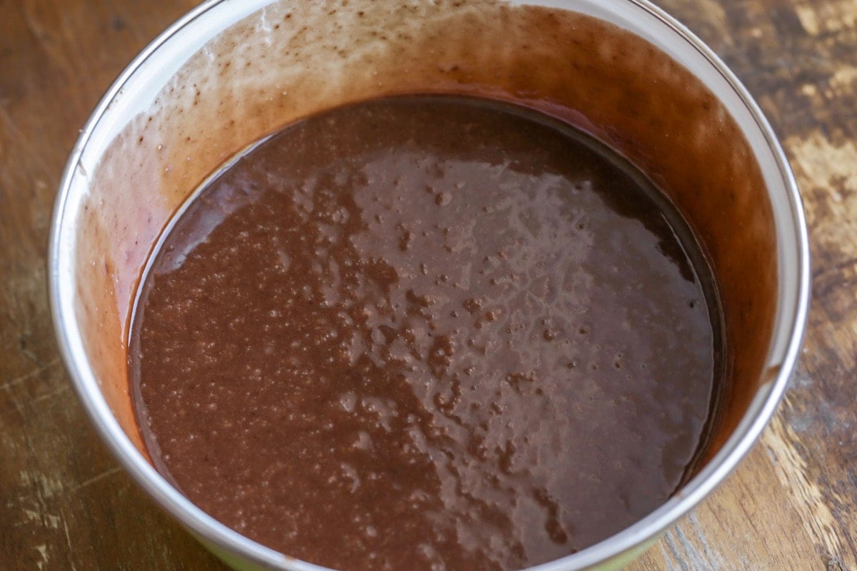 chocolate sheet cake batter in a mixing bowl