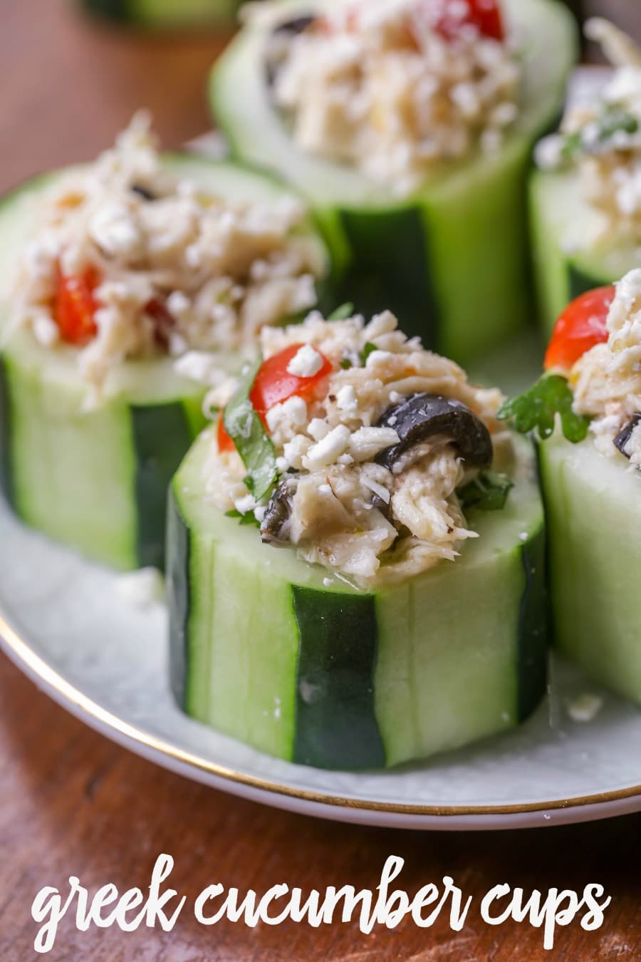 Greek Cucumber Cups filled and dressed with greek flavors