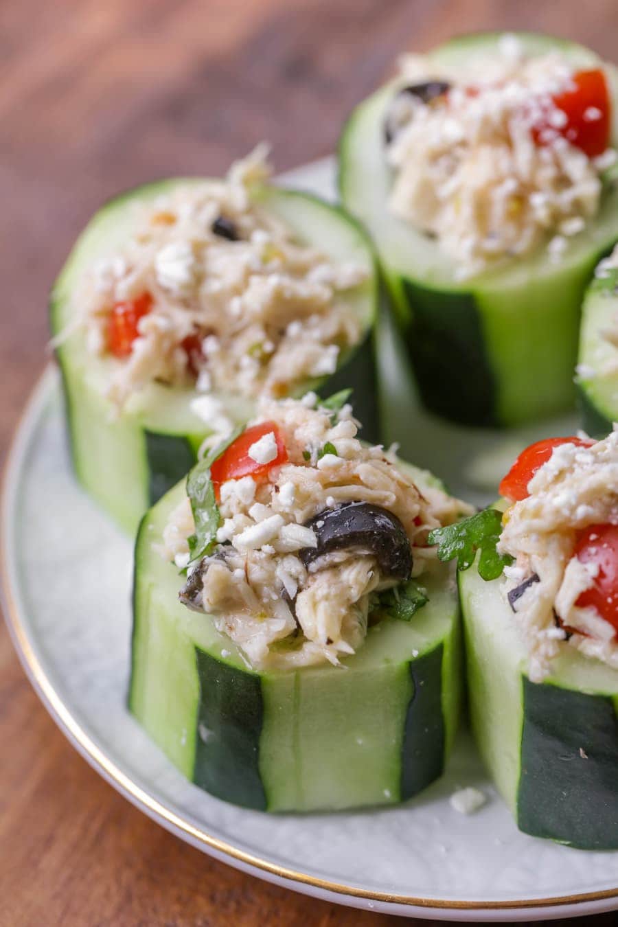 Greek Cucumber Cups on a white plate
