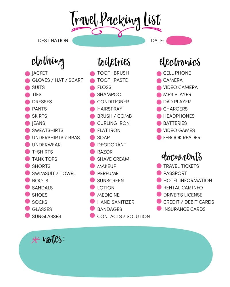 Road Trip Packing List Printable