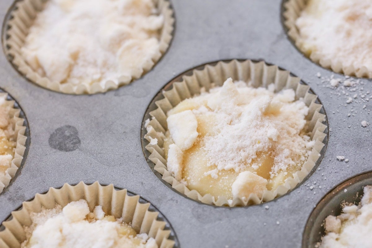 Lemon crumb muffins in a baking tin 