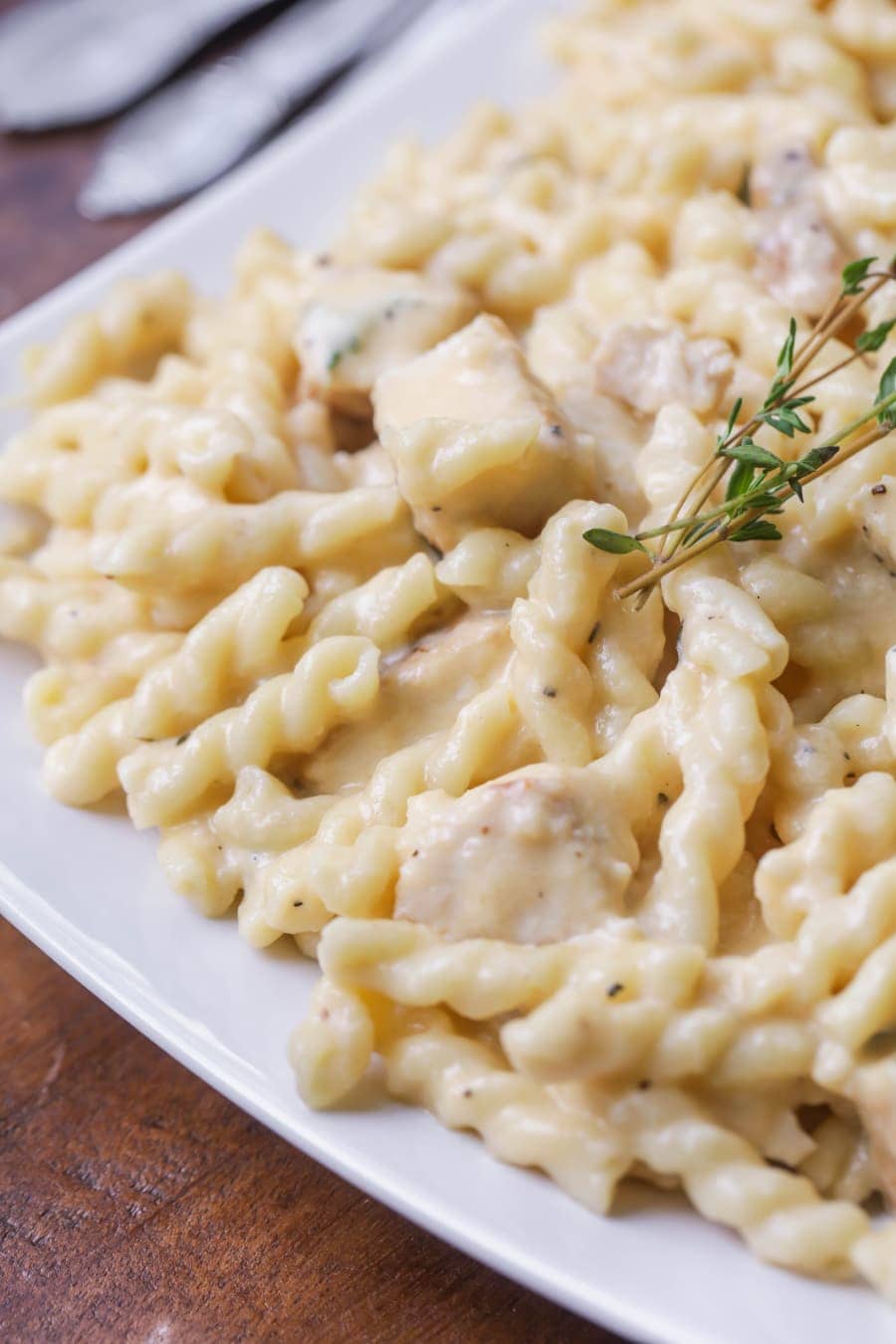 Chicken Pasta Recipes - Triple cheddar chicken pasta topped with fresh rosemary.