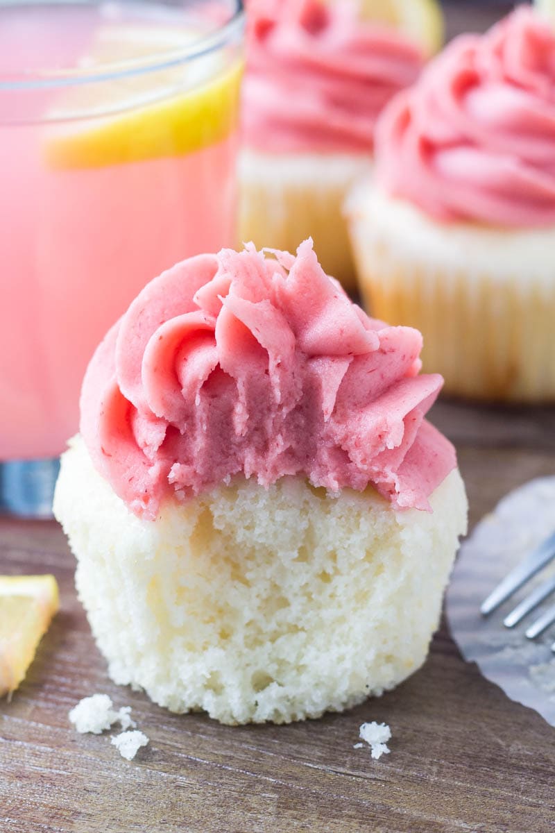 Bite of a strawberry lemonade cupcake