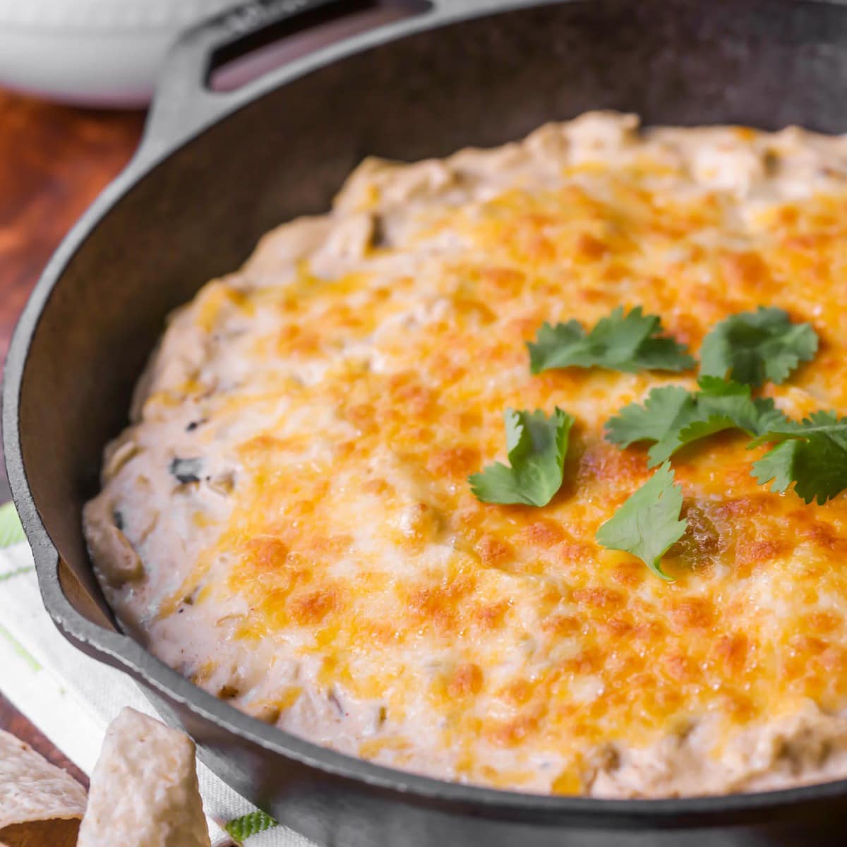 Chicken Enchilada dip in cast-iron skillet