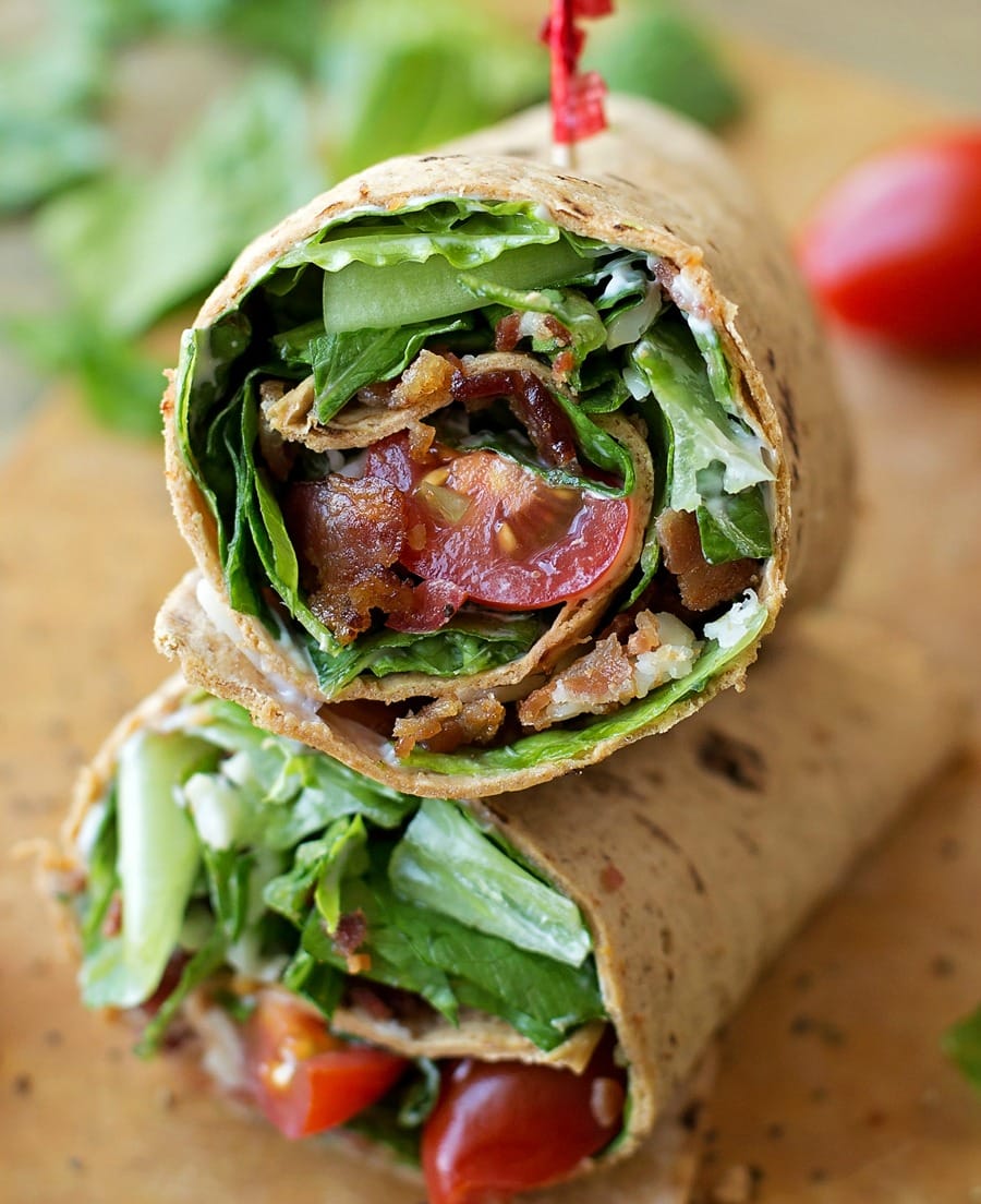 Healthy Dinner Ideas - A bacon, lettuce and tomato flat out wrap sliced in half and held together with a toothpick.