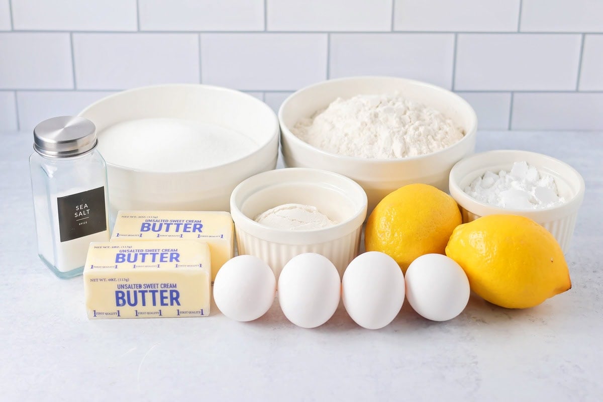 Easy lemon bars ingredients on counter.