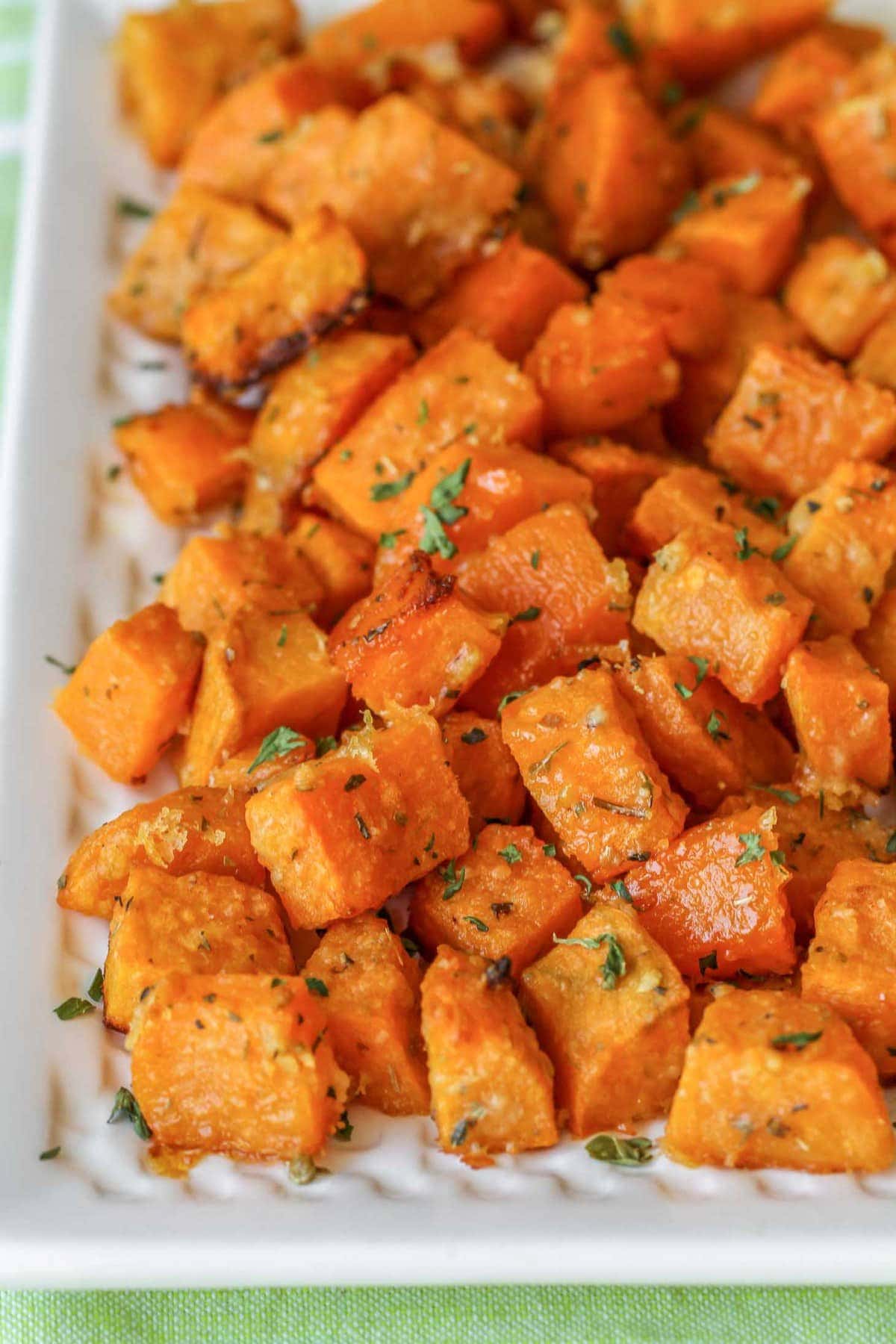 Baked Sweet Potato Cubes recipe on white dish