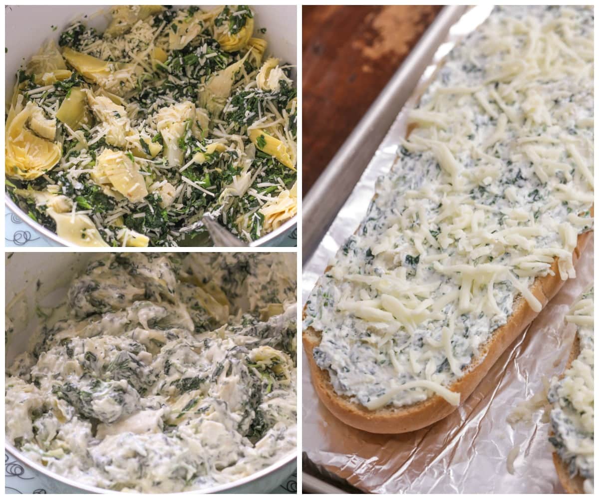 How to make cheesy spinach artichoke bread - process shots