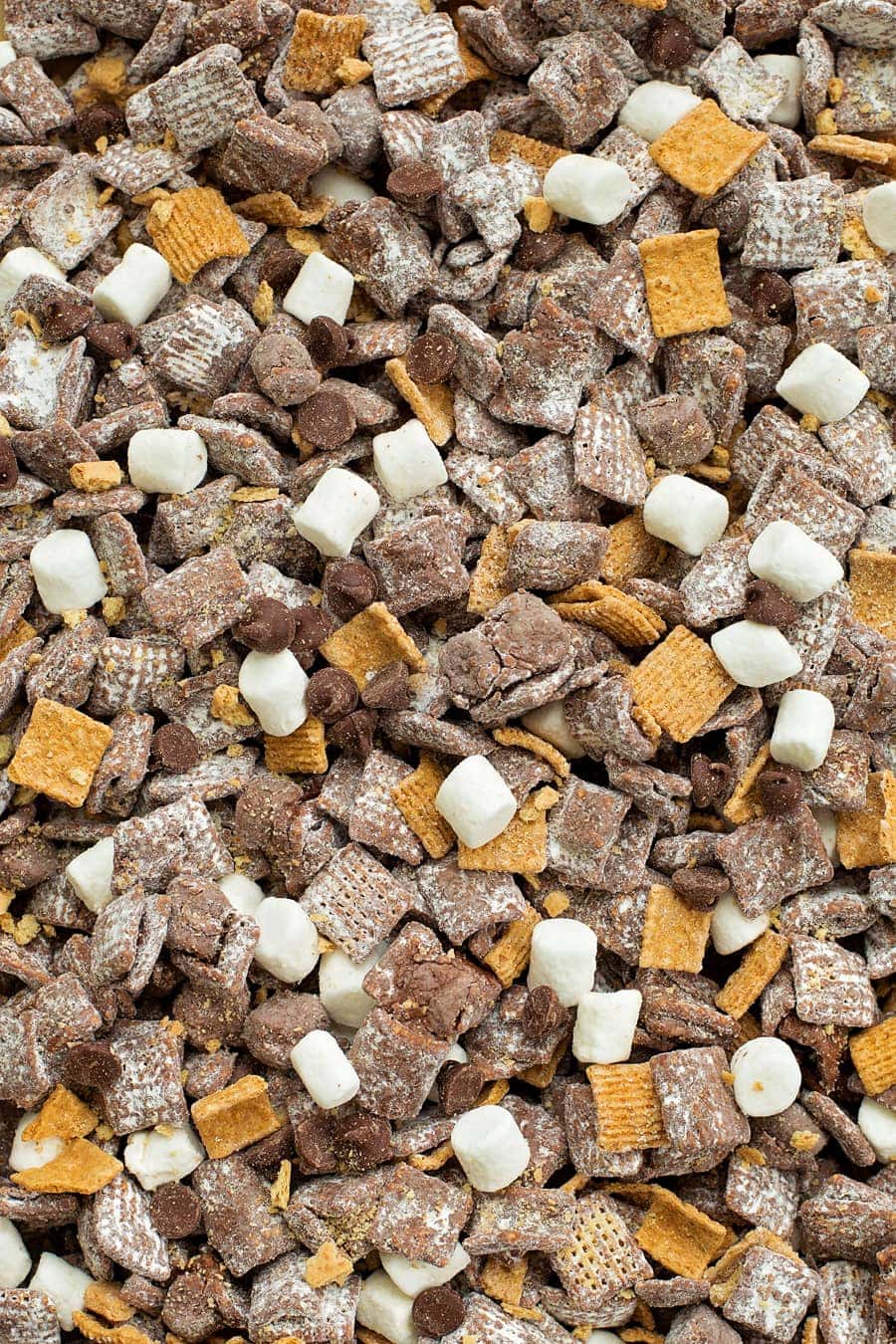 close up of marshmallows, chocolate chips, and chex.