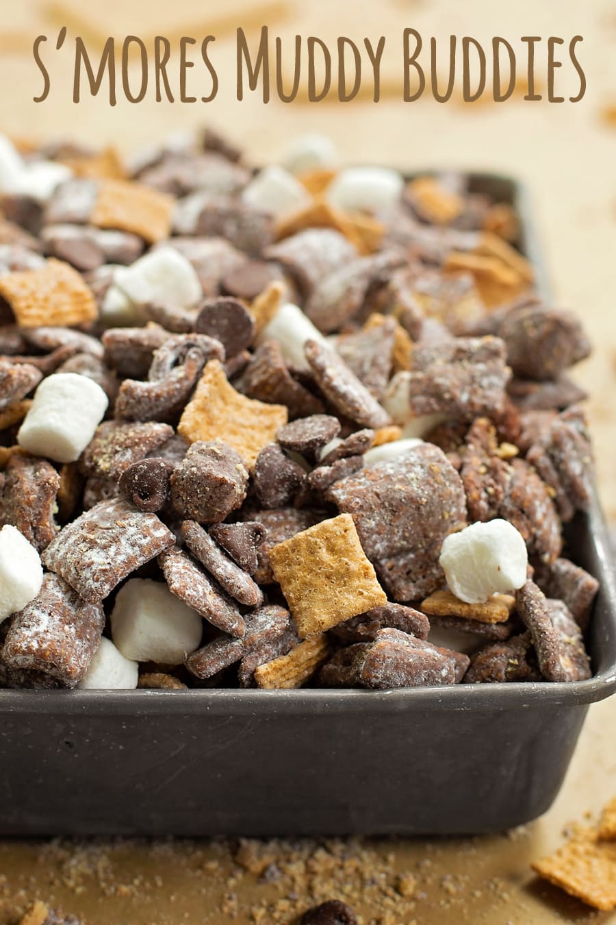 S'mores Puppy Chow in a baking dish