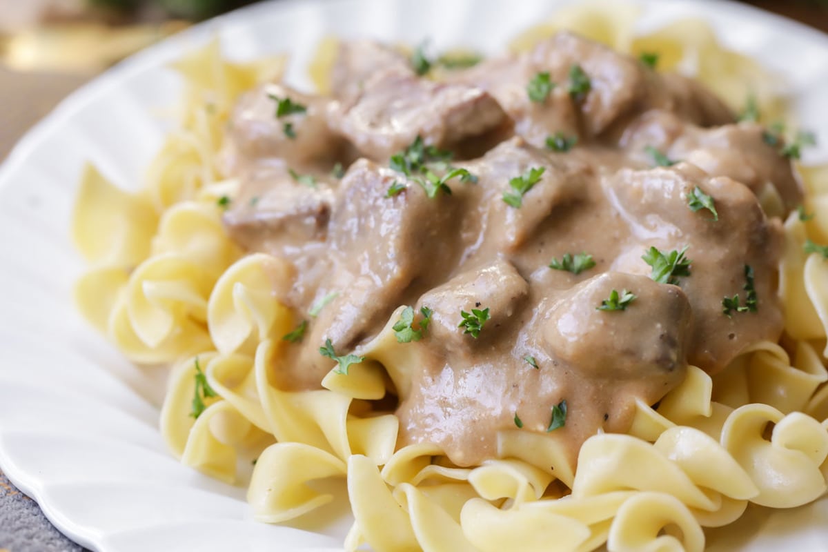 How to Make Beef Stroganoff recipe with egg noodles on plate