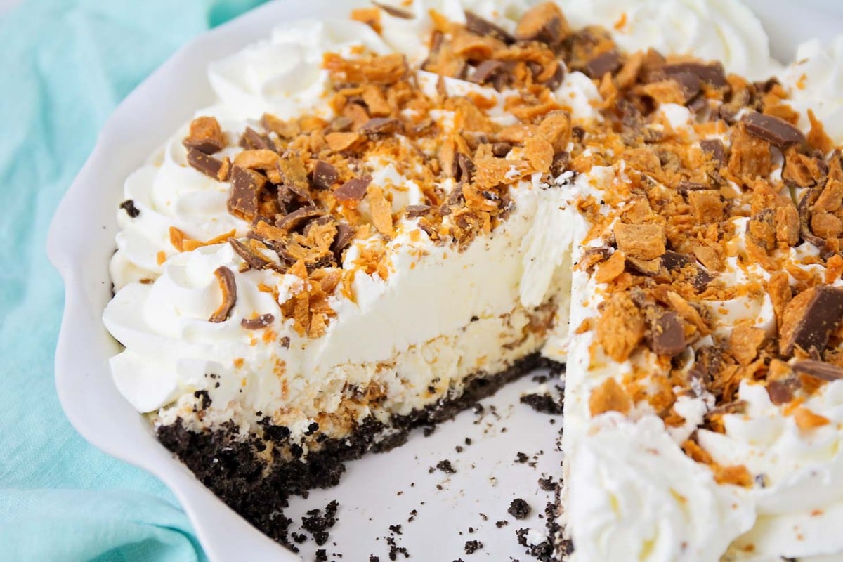Butterfinger Pie with one slice missing