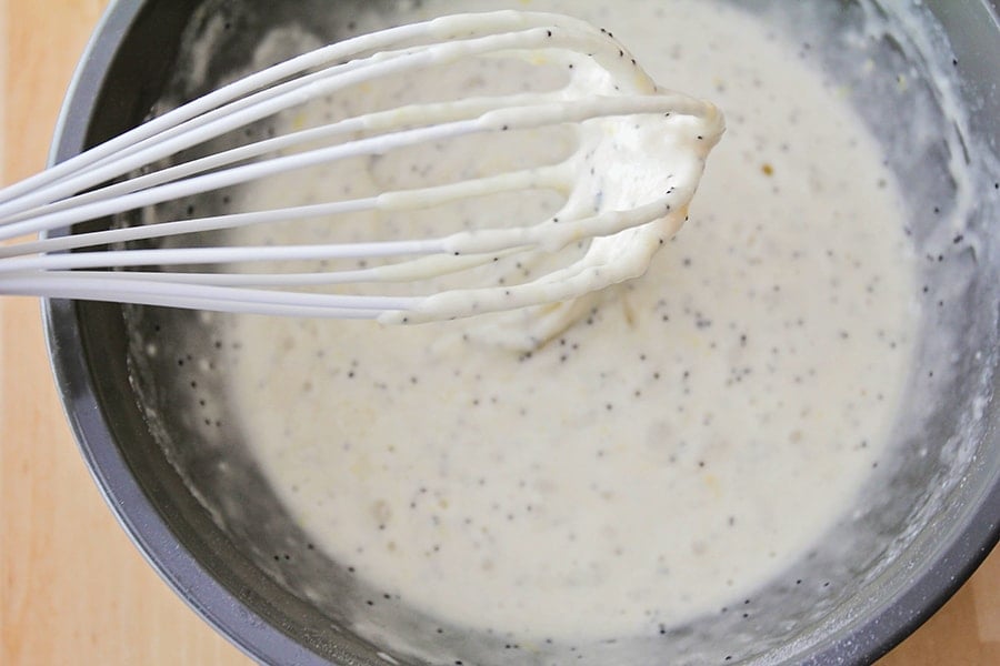 Poppyseed pancake batter in a mixing bowl