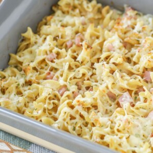 Mac and cheese casserole with ham.