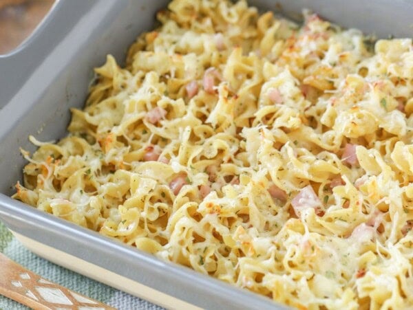 Mac and cheese casserole with ham.