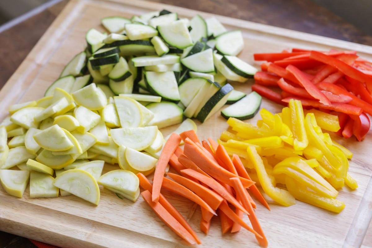 Chopped vegetables on a cutting board.