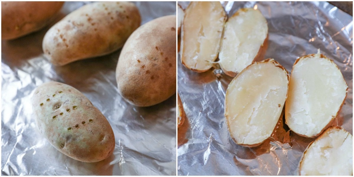 Baked Potatoes on a tin foiled pan.