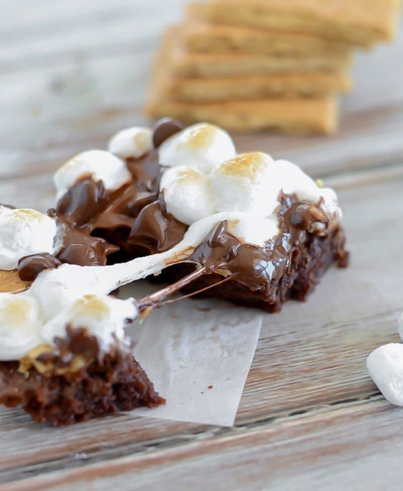 S'mores brownies topped with gooey marshmallows and chocolate