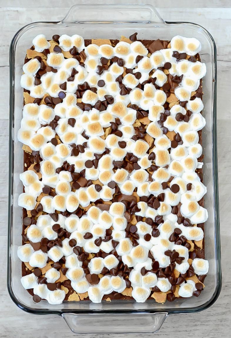 S'mores brownies baked in a glass dish